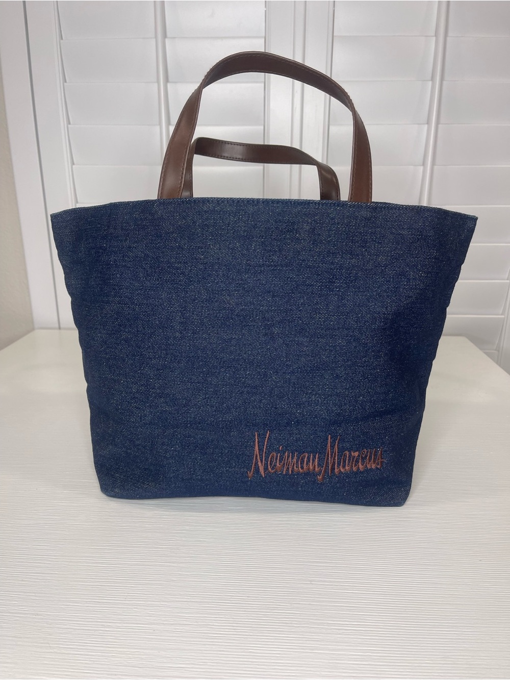 Neiman Marcus Dark Blue Denim Tote with Brown Handles